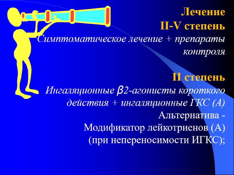 Лечение ІІ-V степень Симптоматическое лечение + препараты контроля  ІІ степень   Ингаляционные